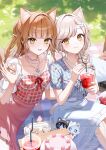  2girls animal_ear_fluff animal_ears bendy_straw blue_shirt blue_skirt braid breasts brown_eyes brown_hair cake cat_ears commentary_request cup day disposable_cup drinking_straw floral_print food fruit green_eyes hair_intakes hair_over_shoulder highres holding holding_cup holding_food long_hair medium_breasts momoshiki_tsubaki multiple_girls original outdoors picnic_blanket pink_skirt print_shirt puffy_short_sleeves puffy_sleeves shirt short_sleeves single_braid skirt strawberry watermark 