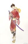  1boy black_hair chinese_commentary chonmage commentary_request floral_print full_body geta hat higga holding holding_sword holding_weapon japanese_clothes kimono male_focus monkey_d._luffy one_piece red_kimono sash scar scar_on_face sheath short_hair simple_background solo straw_hat sword topknot unsheathing weapon weibo_username wide_sleeves yellow_sash 