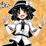  2girls belt black_belt black_hat black_skirt blush bow breasts capelet chirisazame1 commentary_request cowboy_shot crescent dot_nose double_w fedora hands_up happy hat hat_bow looking_at_viewer maribel_hearn medium_breasts multiple_girls open_mouth orange_background projected_inset ribbon ribbon-trimmed_capelet ribbon_trim shirt short_hair skirt smile solo_focus split_mouth straight-on teeth touhou translation_request upper_teeth_only usami_renko w white_bow white_capelet white_ribbon white_shirt 