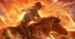  1boy absurdres animal black_hair boothill_(honkai:_star_rail) brown_pants collared_shirt commentary cowboy cowboy_hat english_commentary floating_hair from_side grey_hair hat highres honkai:_star_rail honkai_(series) horse horseback_riding long_hair long_sleeves male_focus milksiey multicolored_hair open_collar orange_theme pants reins riding saddle shirt solo white_shirt 