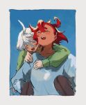  2girls :d ^_^ alternate_costume blue_background blue_shirt carrying closed_eyes facing_viewer gundam gundam_suisei_no_majo happy laughing long_hair long_sleeves miorine_rembran multiple_girls open_mouth pantyhose piggyback red_hair shirt smile suletta_mercury tanutotomato thick_eyebrows white_hair 