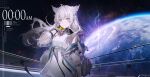  1girl arknights arknights:_endfield barcode bare_shoulders bird_girl black_gloves blue_eyes collared_dress dress feather_hair floating_hair gloves grey_hair highres jacket kuroduki long_hair off_shoulder open_clothes open_jacket perlica_(arknights) planet sleeveless sleeveless_dress smile solo two-sided_gloves white_dress white_jacket yellow_gloves 