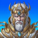  1boy ai-generated arbiter arch-arbiter armor blue_eyes chronicle_of_myers commentary_request crown death_knight_(warcraft) highres jo_shin_ogi male_focus old old_man pale_skin realistic robe shadowlands shinigami stellus_keirich underworld warcraft white_hair world_of_warcraft 