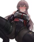  1girl arms_behind_back art_undertaker black_bodystocking black_groza_(girls'_frontline_2) blush boots breasts brown_hair commentary english_commentary from_below girls'_frontline girls'_frontline_2:_exilium hair_between_eyes half-closed_eyes highleg highres knee_up long_hair looking_at_viewer looking_down medium_breasts orange_eyes ots-14_(girls'_frontline) simple_background skin_tight solo spread_legs squatting_cowgirl_position thigh_boots thighs very_long_hair white_background yellow_eyes 