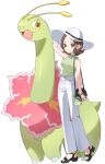  1girl antennae bag bag_charm bare_shoulders breasts brown_hair charm_(object) closed_mouth coletta_(colet_colettia) commentary_request flower green_shirt harmony_(pokemon) hat highres medium_breasts mega_ring mega_stone meganium open_mouth pants pokemon pokemon_(creature) pokemon_legends:_z-a sandals shirt short_hair shoulder_bag sleeveless sleeveless_shirt smile sun_hat white_hat white_pants yellow_eyes 