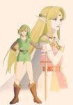  1boy 1girl bead_necklace beads blonde_hair boots bracelet brown_boots commentary from_side full_body green_hat green_shirt green_tunic hat jewelry kaoru0503sub link long_hair looking_at_viewer looking_to_the_side necklace pink_tabard planted planted_sword pointy_ears princess_zelda shirt shoulder_pads sidelocks sword tabard the_legend_of_zelda the_legend_of_zelda:_a_link_to_the_past tunic weapon 