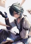  1boy absurdres ahoge belt belt_collar between_legs black_belt black_gloves buttons choker collar collarbone collared_shirt commentary_request ear_piercing earrings genshin_impact gloves green_hair hair_between_eyes hair_intakes hand_between_own_legs hand_up highres holding holding_paper jewelry lapels lohen_(genshin_impact) lohen_(standardized_test)_(genshin_impact) looking_at_viewer male_focus mayupika mole mole_under_eye multicolored_eyes official_alternate_costume open_collar pants paper papers piercing pinstripe_pattern pinstripe_vest shirt short_hair sideways_glance signature single_earring sitting smile solo strap thigh_strap vest waistcoat white_background white_pants white_shirt 