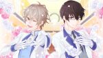  2boys :d ;d akiyama_rentarou analog_clock antenna_hair ascot black_hair black_necktie blue_shirt blue_vest brooch brown_hair clock closed_mouth collared_shirt commentary_request contrast_lapels falling_petals floral_background flower glasses gloves grey_vest hair_between_eyes hand_on_own_chest highres himashokudo_channel indoors jacket jewelry lapels long_sleeves looking_at_viewer makita_himaru male_focus multiple_boys necktie notched_lapels offering_hand official_art one_eye_closed petals pink_flower pink_rose popped_collar psmania0ema-otamesi purple_eyes rectangular_eyewear romeo_(vocaloid) rose rose_petals shirt sleeve_cuffs smile symmetrical_pose tie_clip upper_body vest virtual_youtuber white_ascot white_flower white_gloves white_jacket white_rose yellow_eyes 
