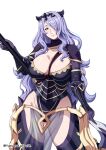 1girl absurdres adapted_costume armor ass_visible_through_thighs axe black_armor black_leotard breasts camilla_(fire_emblem) cleavage closed_mouth commentary curvy english_commentary fire_emblem fire_emblem_fates gloves hair_ornament hair_over_one_eye highres holding holding_axe huge_breasts leotard long_hair looking_at_viewer pelvic_curtain pink_eyes purple_eyes purple_hair purple_leotard see-through_clothes see-through_pelvic_curtain simple_background smile solo thick_thighs thighs tiara very_long_hair wavy_hair white_background x-ray yamanata 