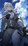  1girl absurdres blonde_hair blue_capelet blue_eyes blue_sky breasts capelet center_frills closed_mouth commentary day frills genshin_impact highres holding holding_sword holding_weapon jean_(genshin_impact) jean_(gunnhildr's_legacy)_(genshin_impact) large_breasts looking_afar looking_ahead official_alternate_costume outdoors pants ponytail sky solo sparrow4193941 sword tight_clothes tight_pants vest weapon white_pants white_vest 