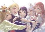  5girls absurdres ahoge ayatsumugi_roka black_shirt blonde_hair blue_eyes bracelet brown_eyes brown_hair cardigan cho_kaguya-hime! clenched_teeth closed_mouth commentary fushi_(cho_kaguya-hime!) gradient_eyes green_cardigan group_hug hair_rings hat highres hug inudoge isayama_mami jewelry kaguya_(cho_kaguya-hime!) long_hair long_sleeves mole mole_under_eye multicolored_eyes multiple_girls off_shoulder one_eye_closed open_mouth party_hat pink_sweater_vest purple_eyes runami_yachiyo sakayori_iroha school_uniform shirt sidelocks simple_background sleeves_past_fingers sleeves_past_wrists sweater_vest teeth tiara twintails v white_background white_hair yr_uroy 