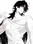  1boy arm_up bandaged_arm bandaged_chest bandages bare_pectorals blade_(honkai:_star_rail) broad_shoulders commentary_request cowboy_shot curtained_hair hair_over_one_eye highres holding holding_bandages honkai:_star_rail honkai_(series) long_hair looking_to_the_side male_focus one_eye_covered parted_lips pectorals sideways_glance simple_background solo spot_color toned toned_male very_long_hair white_background yuyu25_215 