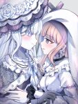  2girls bib_collar black_gloves blonde_hair capelet closed_mouth commentary cross cross_earrings cross_ornament dress earrings eye_contact flower frilled_capelet frilled_sleeves frills gloves hat hat_flower highres hikami_meruru jewelry long_hair long_sleeves looking_at_another mahou_shoujo_no_majo_saiban multiple_girls neck_ribbon priestess purple_eyes ribbon smile spoilers tsukishiro_yuki untranslatable_commentary usgpeace veil very_long_hair white_capelet white_dress white_eyes white_gloves white_hair white_hat white_veil wide_sleeves yuri 