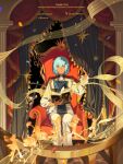  4boys 4girls absurdres animal_ears arm_up armchair ascot barefoot basilio_(metaphor:_refantazio) blue_eyes blue_hair blurry book boots bright_pupils chair column commentary_request confetti curtains dark-skinned_male dark_skin depth_of_field dual_persona english_text eupha_(metaphor:_refantazio) fairy fairy_wings folding_fan gallica_(metaphor:_refantazio) hair_between_eyes hairband halberd hand_fan heismay_(metaphor:_refantazio) highres holding holding_book holding_fan holding_polearm holding_staff holding_sword holding_weapon hulkenberg_(metaphor:_refantazio) jacket junah_(metaphor:_refantazio) leotard long_hair long_sleeves looking_at_viewer metaphor:_refantazio mini_person minigirl multiple_boys multiple_girls musical_note musical_staff on_chair open_book orange_hair over_shoulder pants parted_lips pillar pointy_ears polearm poncho protagonist_(metaphor:_refantazio) sash shirt short_hair shoulder_sash sitting smile spoilers staff strohl_(metaphor:_refantazio) sword sword_over_shoulder tassel twitter_username walking weapon weapon_over_shoulder white_ascot white_hairband white_pants white_pupils white_shirt wings yellow_leotard yosora 