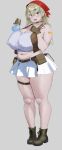  1girl :d aymusk bandaid bandaid_on_arm bandana belt blush body_freckles boots breast_freckles breasts brown_choker brown_gloves brown_shoes brown_vest choker cleavage commentary_request covered_nipples fang freckles freckles-chan_(aymusk) full_body gloves grey_background hair_ornament hairclip highres huge_breasts little_red_riding_hood_(fairy_tale) looking_at_viewer microskirt midriff mole mole_on_breast mole_on_leg mole_on_stomach navel open_mouth original pleated_skirt plump potion red_bandana shirt shoes shoulder_freckles simple_background skirt smile solo standing thick_thighs thigh_strap thighs vest white_shirt white_skirt 