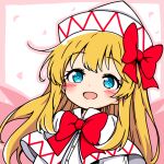  1girl :d blonde_hair blue_eyes border bow bowtie bright_pupils buttons capelet chirisazame1 commentary_request dot_nose hair_bow hat lily_white long_hair long_sidelocks open_mouth outside_border pink_border red_bow red_bowtie sidelocks simple_background smile solo split_mouth touhou upper_body white_background white_capelet white_hat white_pupils 
