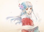  1girl aqua_hair blunt_bangs chinese_commentary commentary_request eyelashes falling_petals hair_ornament half_updo higga japanese_clothes kimono kouzuki_hiyori long_hair one_piece petals profile red_kimono red_lips smile solo weibo_username 