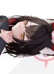  1girl absurdres alt_text alternate_hair_length_(shorter) animal_ear_fluff animal_ears black_hair black_sailor_collar black_shirt blue_archive blush closed_mouth colored_inner_hair commentary_request fox_ears fox_girl frown halo highres looking_at_viewer medium_hair multicolored_hair portrait red_hair red_halo sailor_collar shirt sideways simple_background solo wakamo_(blue_archive) white_background yakumosumiii yellow_eyes 