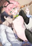  1boy 1girl absurdres ahoge animal_ears bar_censor belt black_hair black_hairband blush bow bowtie braid breast_sucking breasts censored clothed_sex coffeekite commentary_request cowgirl_position crotchless crotchless_pantyhose faceless faceless_male fake_animal_ears girl_on_top gradient_hair green_bow green_bowtie green_eyes hair_between_eyes hairband hetero highres indoors long_sleeves multicolored_hair navel nipple_stimulation nipples nose_blush open_fly open_mouth original pants pantyhose penis pink_hair playboy_bunny pussy rabbit_ears reverse_bunnysuit reverse_outfit sex shirt short_hair shrug_(clothing) side_braid single_braid small_breasts solo_focus stomach straddling thighhighs uni_(coffeekite) v vaginal white_shirt 