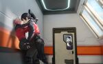  1boy 2girls absurdres angry artist_name bare_shoulders baseball_cap black_boots black_gloves black_hair boots commander_(girls'_frontline) door dual_persona female_commander_(girls'_frontline) girls'_frontline girls'_frontline_2:_exilium gloves green_eyes hallway hand_on_another's_thigh hands_on_another's_shoulder hat hetero highres hk416_(girls'_frontline) jacket klukai_(girls'_frontline_2) leg_lock luzaitis multiple_girls partially_fingerless_gloves pink_eyes pink_hair ponytail purple_jacket red_jacket selfcest short_ponytail tattoo teardrop_tattoo white_hair window 