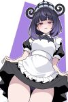  1girl alternate_costume apron ass_visible_through_thighs black_dress black_hair blunt_bangs blush bob_cut bow breasts commentary_request dress gwynn_(pokemon) hat highres holding_own_dress looking_at_viewer maid maid_apron mega_stone multicolored_hair odorukaminoke open_mouth panties parted_lips pokemon pokemon_legends:_z-a purple_bow purple_eyes purple_hair purple_panties short_hair short_sleeves solo underwear white_apron 