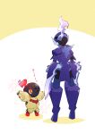  absurdres armor breastplate ceruledge charcadet commentary_request eye_trail highres light_trail looking_at_another mikan_bako pokemon pokemon_(creature) pokemon_focus red_eyes sparkle standing translation_request yellow_pupils 