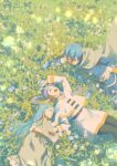  1boy 2girls absurdres black_thighhighs blue_hair blue_jacket brushbuddy cape capelet child closed_eyes commentary dress elf english_commentary family flower frieren grass grey_hair highres himmel_(sousou_no_frieren) if_they_mated jacket long_hair lying maritunes multiple_girls on_back on_side open_mouth outdoors pointy_ears richeh_(tongari_boushi_no_atelier) shirt short_hair sleeping sousou_no_frieren striped_clothes striped_shirt thighhighs tongari_boushi_no_atelier twintails white_cape white_capelet white_dress 