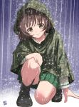  1girl akiyama_yukari black_socks brown_eyes brown_hair brown_shoes commentary_request girls_und_panzer highres hood jacket looking_at_viewer ooarai_school_uniform outdoors pesu_no_kainushi rain school_uniform shoes short_hair smile socks solo 
