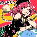  1girl :d ;d bare_shoulders black_shirt blush chain chirisazame1 commentary_request dot_nose earth_(ornament) gold_chain happy head_rest heart hecatia_lapislazuli leaning_forward long_hair looking_to_the_side moon_(ornament) multicolored_skirt off-shoulder_shirt off_shoulder one_eye_closed open_mouth outline red_background red_eyes red_hair shirt short_sleeves sidelocks simple_background skirt smile solo split_mouth t-shirt touhou translation_request two-tone_background underworld_(ornament) white_outline wristband yellow_background 