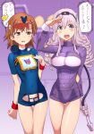  2girls blue_leotard breast_conscious breasts brown_eyes brown_hair commentary_request cosplay covered_navel decepticon drill_hair hair_ornament hairclip hokaze_junko insignia large_breasts leotard long_hair looking_at_viewer medium_hair misaka_mikoto multiple_girls purple_background purple_eyes purple_hair purple_leotard raika9 salute shockwave_(transformers) shockwave_(transformers)_(cosplay) small_breasts soundwave_(transformers) soundwave_(transformers)_(cosplay) thigh_gap toaru_kagaku_no_railgun toaru_majutsu_no_index transformers transformers:_generation_1 translation_request 