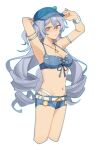  1girl armpits baseball_cap breasts bronya_zaychik bronya_zaychik_(silverwing:_n-ex) bronya_zaychik_(summer_2026) cleavage commentary cropped_legs denim denim_bikini denim_shorts drill_hair earrings grey_eyes grey_hair hat heart heart_necklace highres honkai_(series) honkai_impact_3rd jewelry large_breasts long_hair looking_at_viewer micro_shorts navel necklace official_alternate_costume rena_(rrena) shorts simple_background solo stomach thighs very_long_hair white_background 