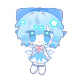  1girl :d blue_bow blue_dress blue_eyes blue_hair blush_stickers bow chibi chibi_only chinese_commentary cirno collared_shirt commentary_request dress dripping_eye full_body hair_bow hair_intakes ice ice_wings kneehighs looking_at_viewer neck_ribbon no_shoes open_mouth outline pinafore_dress red_ribbon ribbon shirt short_hair short_sleeves simple_background sleeveless sleeveless_dress smile socks solo standing star_(symbol) touhou transparent_background white_outline white_shirt white_socks wings yan_yan_yu_shui 