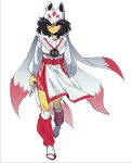  1girl akita_(ninjago) animal_hat animification belt black_eyes black_hair blunt_bangs blunt_ends braid cape clenched_teeth colored_skin commentary english_commentary facial_mark fox_hat full_body hat highres holding holding_knife holding_weapon japanese_clothes kimono kneehighs knife leg_warmers long_sleeves looking_at_viewer ninjago pelvic_curtain red_belt red_leg_warmers red_pupils red_sandals sandals serious short_hair side_braids simple_background slit_pupils socks solo ss04pe_jb teeth walking weapon white_background white_cape white_kimono white_socks wide_sleeves yellow_skin zouri 