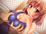  1boy 1girl aomi_riru blue_one-piece_swimsuit blush breasts brown_eyes brown_hair chain-link_fence cleavage collarbone covered_nipples deep_skin dutch_angle embarrassed fence game_asset grabbing_another's_breast groping hair_between_eyes hetero large_breasts large_variant_set non-web_source official_art one-piece_swimsuit open_mouth pool pov pov_hands raised_inner_eyebrows school_swimsuit self-datamine sidelocks standing swimsuit tan toriumi_hinata underwear upper_body variant_set visual_novel_cg water yumemi_ga_cheek! 