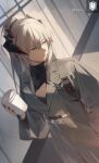  1girl arknights badge bilibili_logo black_shirt chinese_commentary coat commentary cup disposable_cup dutch_angle grey_coat hair_between_eyes hallway high_ponytail highres holding holding_cup horns light_particles long_hair looking_to_the_side ponytail rhg_g saria_(arknights) saria_(casual)_(arknights) shirt signature solo turtleneck turtleneck_shirt upper_body white_hair yellow_eyes 