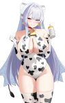  1girl 4kebidayo absurdres animal_print bare_shoulders bikini blush breasts closed_mouth commentary_request covered_navel cow_print cow_print_bikini cow_print_thighhighs earrings grey_hair hair_over_one_eye highres jewelry large_breasts long_hair looking_at_viewer mole pointy_ears print_bikini print_thighhighs purple_eyes smile solo swimsuit thighhighs velina_airgid zenless_zone_zero 