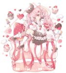  1girl absurdres asymmetrical_legwear black_socks blush bow braid brown_ribbon brown_shoes brown_shorts cake closed_mouth commentary_request cupcake fishnet_socks fishnets food fruit full_body hair_ribbon hand_up heart highres kneehighs long_hair long_sleeves looking_at_viewer mismatched_legwear muto_095 original pink_eyes pink_hair red_bow ribbon shirt shoes shorts signature simple_background sitting sleeve_bow sleeves_past_wrists socks solo strawberry twin_braids white_background white_shirt white_socks 
