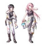  2girls absurdres bang_dream! bang_dream!_it's_mygo!!!!! black_boots black_shirt boots bucket chihaya_anon clothes_around_waist full_body grey_eyes grey_hair hair_between_eyes half_updo hibioes highres holding holding_paintbrush jacket jacket_around_waist lace-up_boots long_hair midriff multiple_girls open_mouth paint_can paint_on_clothes paintbrush pants pink_hair shirt short_hair simple_background single_off_shoulder sleeveless sleeveless_shirt takamatsu_tomori teeth upper_teeth_only white_background white_jacket white_pants 