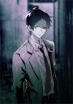  1boy adachi_tooru bad_id bad_twitter_id blurry blurry_background closed_mouth collared_shirt glaring highres jacket limited_palette long_sleeves looking_at_viewer male_focus necktie outdoors persona persona_4 rain shirt short_hair solo upper_body wet wet_clothes zeka_(skzk_cm) 