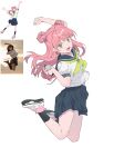  1girl absurdres arm_up black_socks blue_sailor_collar blue_skirt brown_eyes can chinese_commentary commentary_request double_bun earrings fangs green_neckerchief hair_bun hand_up heart heart_earrings highres holding holding_can jewelry jumping long_hair multiple_views neckerchief official_art_inset open_mouth photo-referenced photo_inset pink_hair pink_shoes reference_inset sailor_collar sailor_shirt school_uniform seihantai_na_kimi_to_boku shirt shoes short_sleeves skirt sneakers socks suzuki_miyu white_shirt xuya_xy 