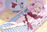  1girl :d ;d barefoot beach bikini breasts cleavage commentary_request commission cup drinking_glass food frilled_innertube frilled_pillow frills fruit hanazawa_nako hand_up harada_(sansei_rain) highres indie_virtual_youtuber innertube long_hair looking_at_viewer lying medium_breasts navel o-ring o-ring_thigh_strap on_back one_eye_closed open_mouth pillow pink_eyes plate red_bikini seashell shell skeb_commission smile solo starfish stomach swim_ring swimsuit thigh_strap toes v virtual_youtuber watermelon watermelon_slice white_hair 