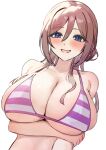  1girl absurdres arm_under_breasts bare_shoulders bikini blue_eyes blush breasts brown_hair cleavage collarbone commentary_request gakuen_idolmaster hair_bun highres himesaki_rinami idolmaster large_breasts long_hair looking_at_viewer marumai open_mouth pink_bikini single_side_bun smile solo striped_bikini striped_clothes swimsuit 