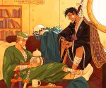  2boys bandaged_arm bandaged_head bandaged_leg bandages black_hair black_kimono book bookshelf coffee_mug commentary cup dango facial_hair food gauze gauze_on_cheek goatee gourd green_hair green_kimono grin hand_tattoo hat heart_pirates_jolly_roger highres holding holding_gourd indoors injury japanese_clothes katana kimono looking_at_another male_focus map_(object) mrygyuu mug multiple_boys one_piece pillow roronoa_zoro sanshoku_dango scar short_hair sideburns smile socks sword table tattoo trafalgar_law untranslatable_commentary unworn_clothes unworn_hat unworn_headwear wagashi weapon white_socks 
