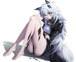  1girl animal_ears arknights ass bare_legs barefoot bikini bikini_top_only black_jacket black_panties black_skirt commentary hair_between_eyes highres jacket jinbin825 lappland_(arknights) long_hair material_growth microskirt open_clothes open_jacket open_mouth oripathy_lesion_(arknights) panties scar scar_across_eye scar_on_face skirt swimsuit tail underwear upskirt very_long_hair white_bikini white_hair wolf_ears wolf_girl wolf_tail yellow_eyes 