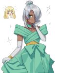  1boy 1girl :d blonde_hair blue_eyes blush_stickers bow bracelet choker commentary crossdressing crossdressing_(mtf) dark-skinned_male dark_skin dress dress_bow earrings elbow_gloves gloves green_bow green_choker green_dress green_eyes gundam hair_bun hair_over_one_eye hand_up highres holding_own_dress jewelry kihel_heim laura_rolla long_hair loran_cehack male_focus off-shoulder_dress off_shoulder open_mouth pink_lips simple_background smile solo_focus sparkle sweat trap tsubakiohana02 turn_a_gundam white_background white_gloves 