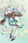  1girl absurdres aqua_background aqua_skirt bag bag_charm blue_necktie blue_pupils boots brown_bag brown_boots brown_hairband brown_jacket cat character_name charm_(object) chongguoren commentary english_commentary firefly_(honkai:_star_rail) firefly_(little_cat)_(honkai:_star_rail) floating_hair full_body grey_hair hair_between_eyes hair_intakes hair_ornament hairband hand_up highres honkai:_star_rail honkai_(series) jacket leaning_forward long_hair looking_at_viewer multicolored_hairband neckerchief necktie open_mouth orange_neckerchief purple_eyes shirt skirt solo two-tone_hairband v white_hairband white_shirt zoom_layer 