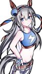  1girl animal_ears bare_shoulders belt blue_eyes blue_hairband blue_sports_bra blush breasts collarbone commentary_request ear_covers fingerless_gloves gloves grey_hair grey_tail hair_between_eyes hairband headband highres horse_ears horse_girl horse_tail kikkasoon lightning_bolt_print lightning_bolt_symbol long_hair midriff multicolored_hairband navel pants red_belt red_headband simple_background small_breasts sports_bra striped_clothes striped_hairband tail tamamo_cross_(fast_as_lightning)_(umamusume) tamamo_cross_(umamusume) two-tone_hairband umamusume very_long_hair white_background white_pants 