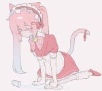  1girl all_fours animal_ears blush_stickers cat_ears cat_girl cat_tail closed_mouth commentary_request cup dress drinking_glass frilled_dress frills full_body grey_background hairband highres holding holding_towel lolita_hairband long_hair maid nial original pink_dress pink_hair pink_hairband pink_shoes puffy_short_sleeves puffy_sleeves shoes short_sleeves simple_background socks solo spill tail towel twintails water white_socks 