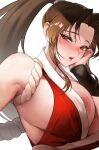  1girl absurdres armpit_crease armpits blush breasts brown_eyes brown_hair commentary_request curtained_hair eyelashes fatal_fury hand_on_own_cheek hand_on_own_face high_ponytail highres huge_breasts lips long_hair looking_down looking_to_the_side mute_(mute89539160) ninja nipple_slip nipples parted_bangs parted_lips ponytail revealing_clothes rope shiranui_mai sideboob simple_background solo upper_body white_background 