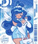  1girl animal_ears bag barcode bare_shoulders blue_background blue_eyes blue_eyeshadow blue_hair breasts cleavage constellor dione_(constellor) english_text eyeshadow fingerless_gloves gloves hair_bun handbag hat highres long_hair makeup miniskirt nurse_cap one_eye_closed original sailor_collar side_slit signature skirt tail wings 